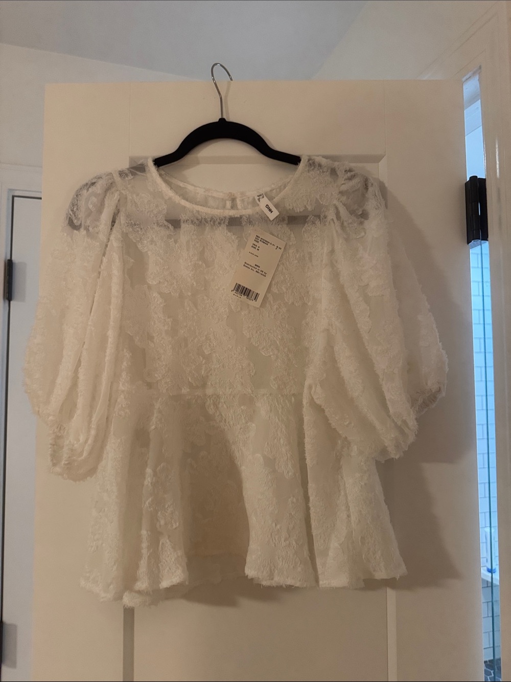 Mango Lace Puff Sleeve Peplum Top - White